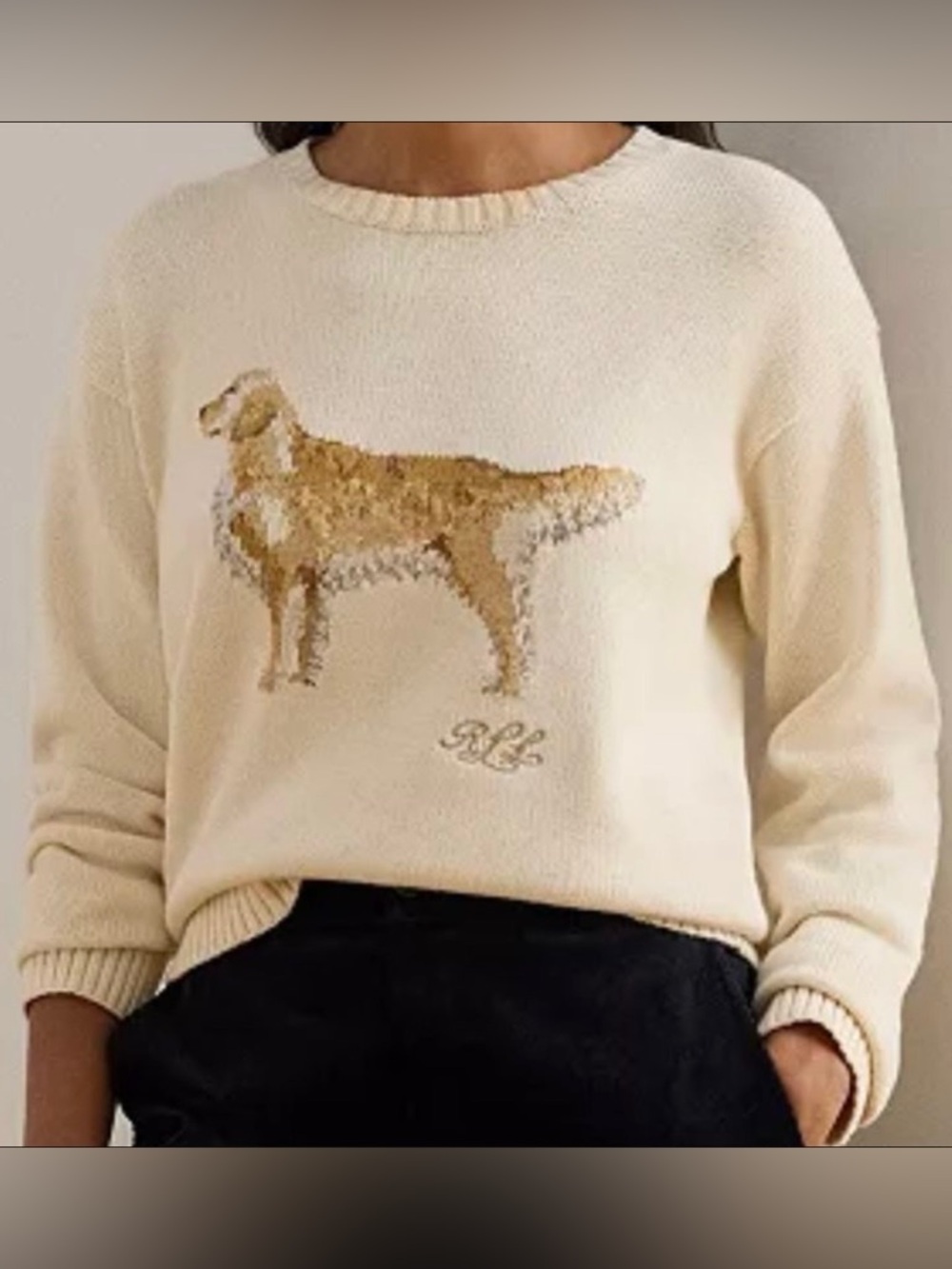 NEW Ralph Lauren Cream Crewneck Sweater with Golden Dog Motif
